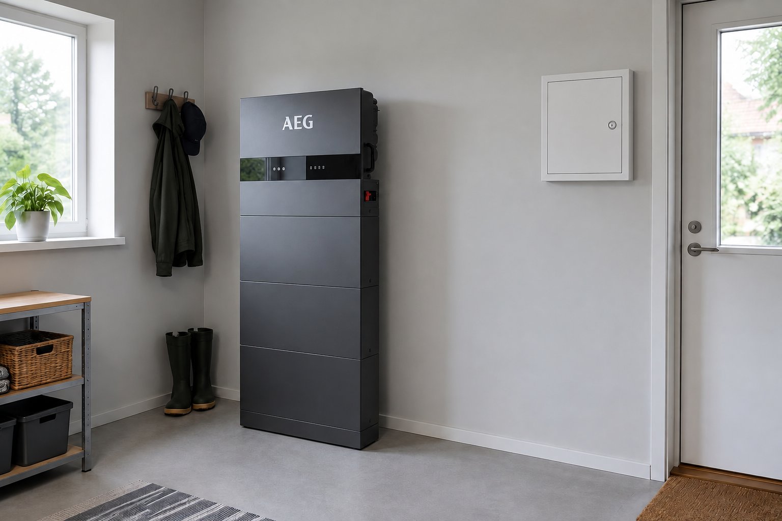 AEG hembatteri i ett ljust teknikrum med dold kabeldragning