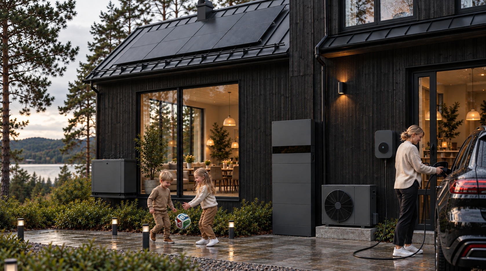 Komplett energisystem för svenskt hem med solpaneler, värmepump, batteri, växelriktare och elbilsladdning