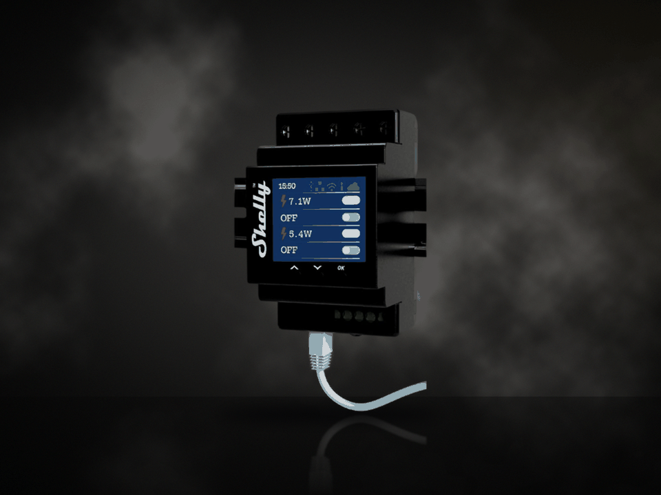 Shelly Pro 4PM för DIN-skena med färgdisplay