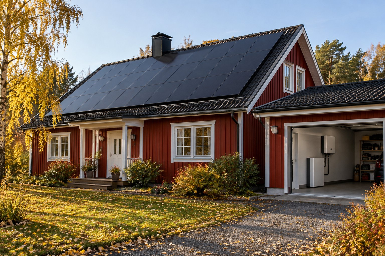 Röd svensk villa med vita knutar och ett tak helt täckt av helsvarta solpaneler i höstsol, gula björklöv på gräsmattan och ett hembatteri med växelriktare på väggen i det öppna garaget