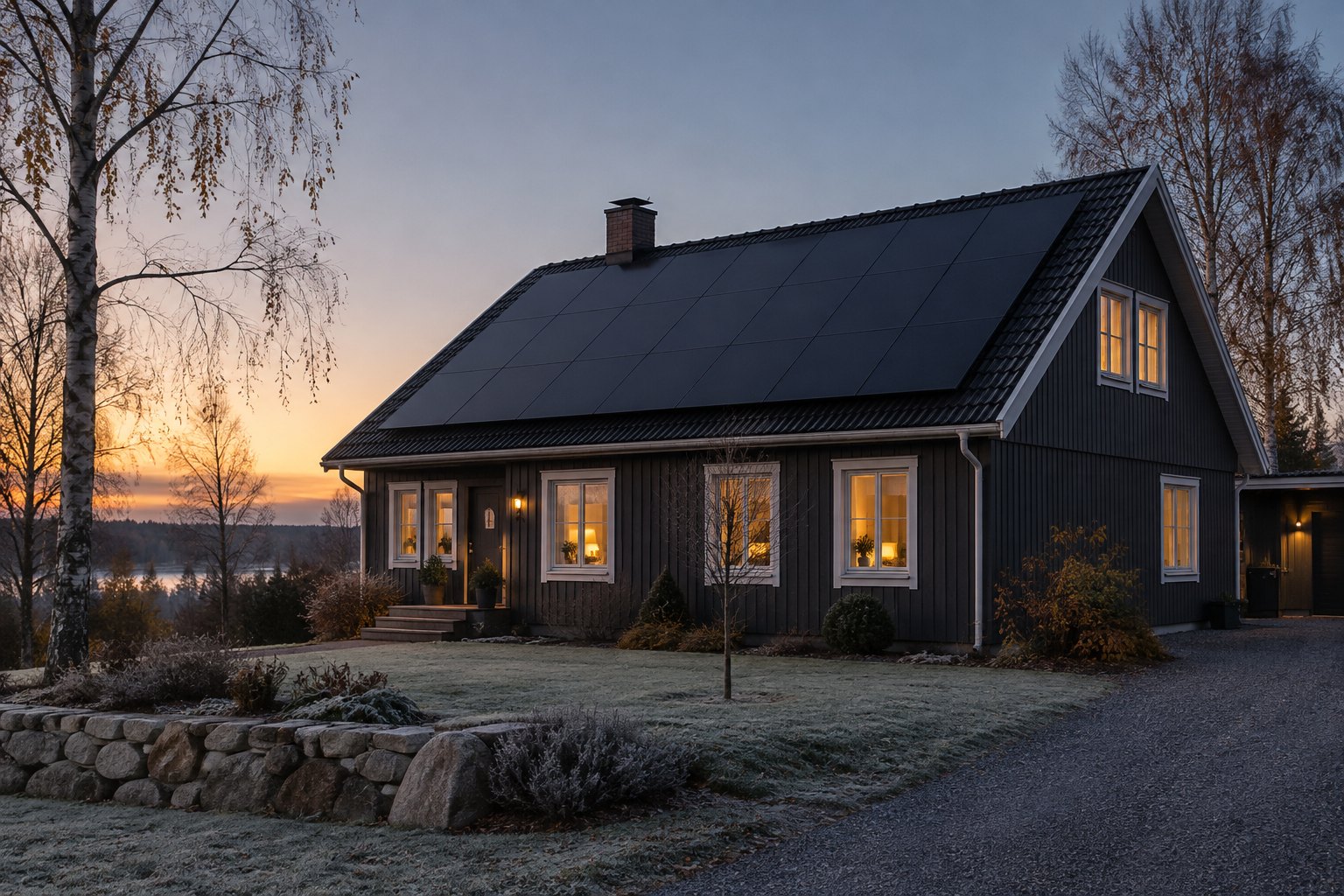 Mörkgrå svensk villa med vita fönster och ett tak täckt av helsvarta solpaneler i skymningen en frostig senhöstkväll, varmt ljus i fönstren och björkar i förgrunden